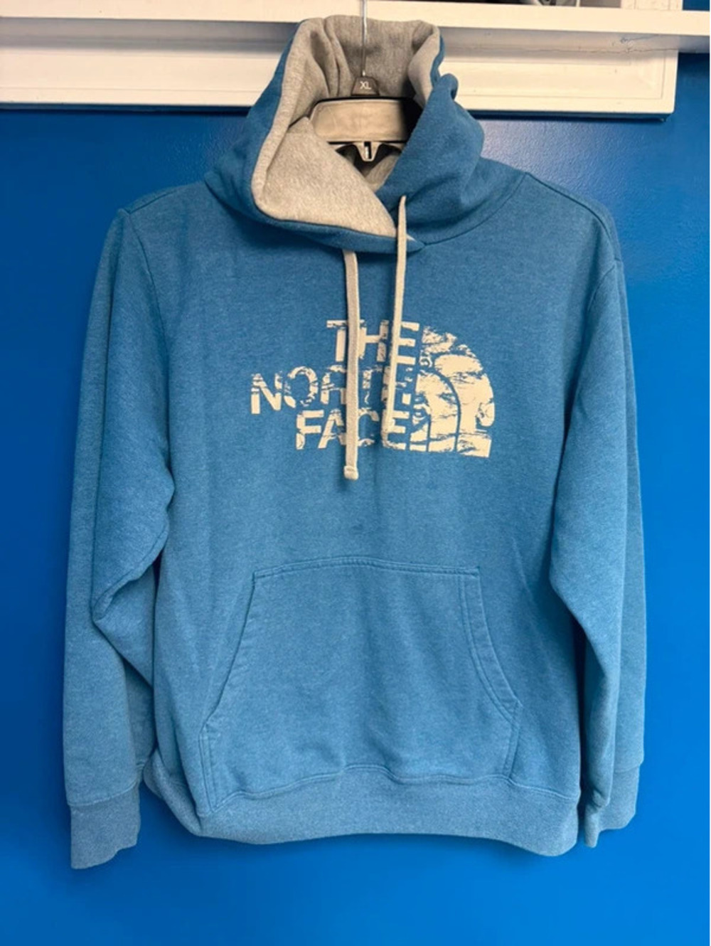 The North Face Mens Large Blue Distressed Big Logo Pullover Hoodie Sweatshirt